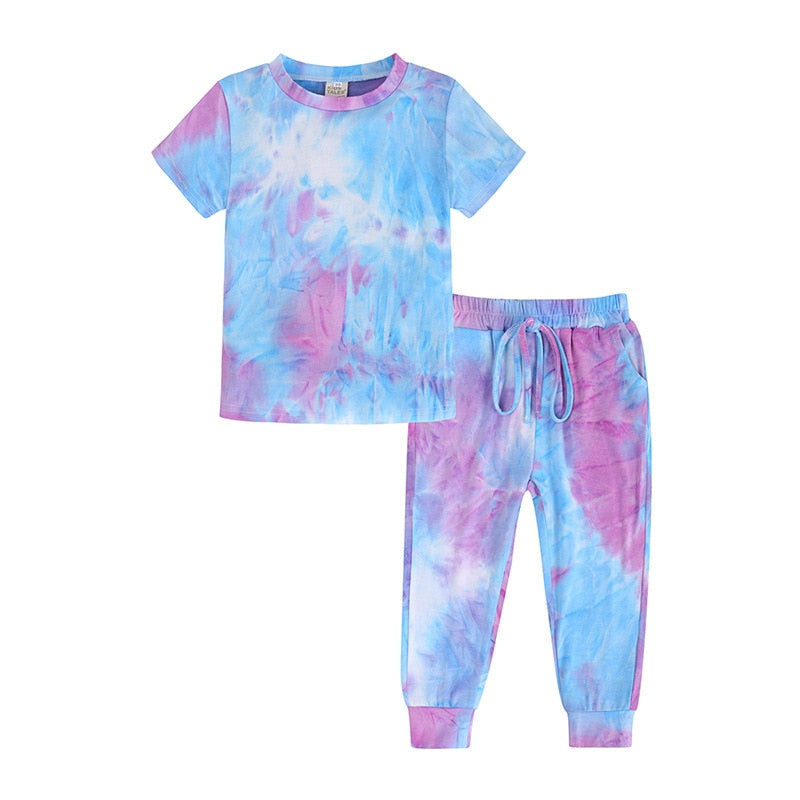 Tie Dye Pajamas Sets Long Sleeve T-shirt+Pants Trousers Girls Baby Boys Autumn