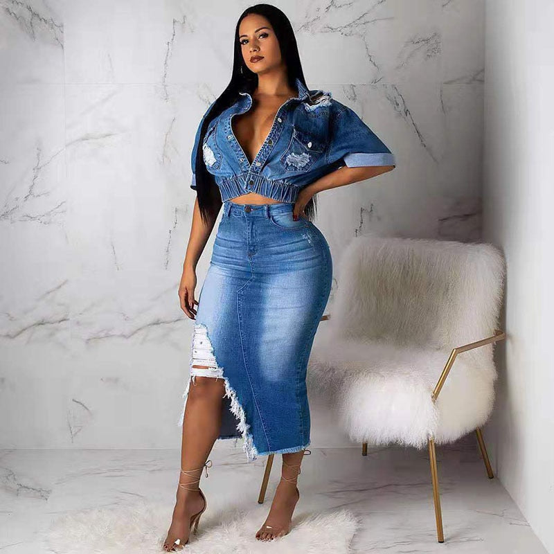 Women's Denim Skirt 2 Piece Set Denim Matching Set