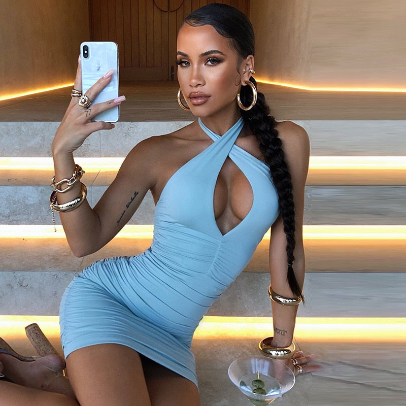 Solid Backless Cut Out Women's Cross Halter Short Mini Dresses