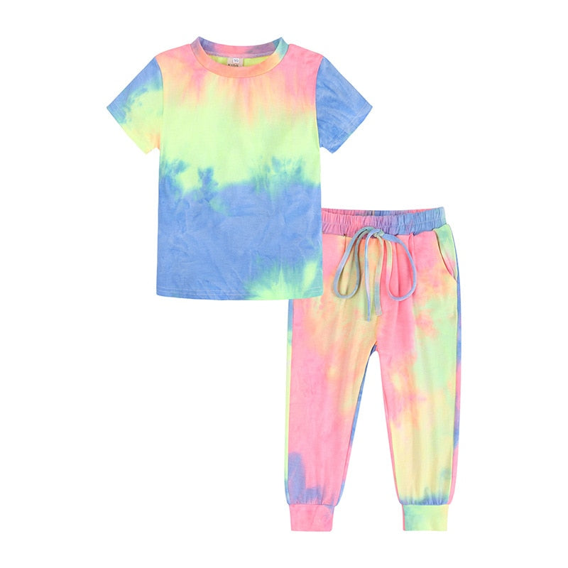Tie Dye Pajamas Sets Long Sleeve T-shirt+Pants Trousers Girls Baby Boys Autumn