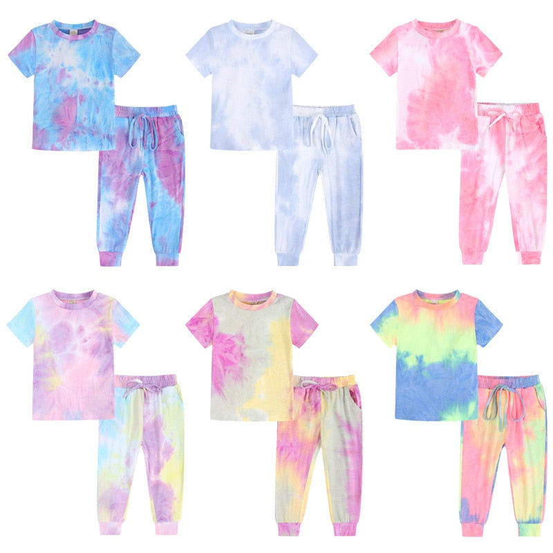 Tie Dye Pajamas Sets Long Sleeve T-shirt+Pants Trousers Girls Baby Boys Autumn