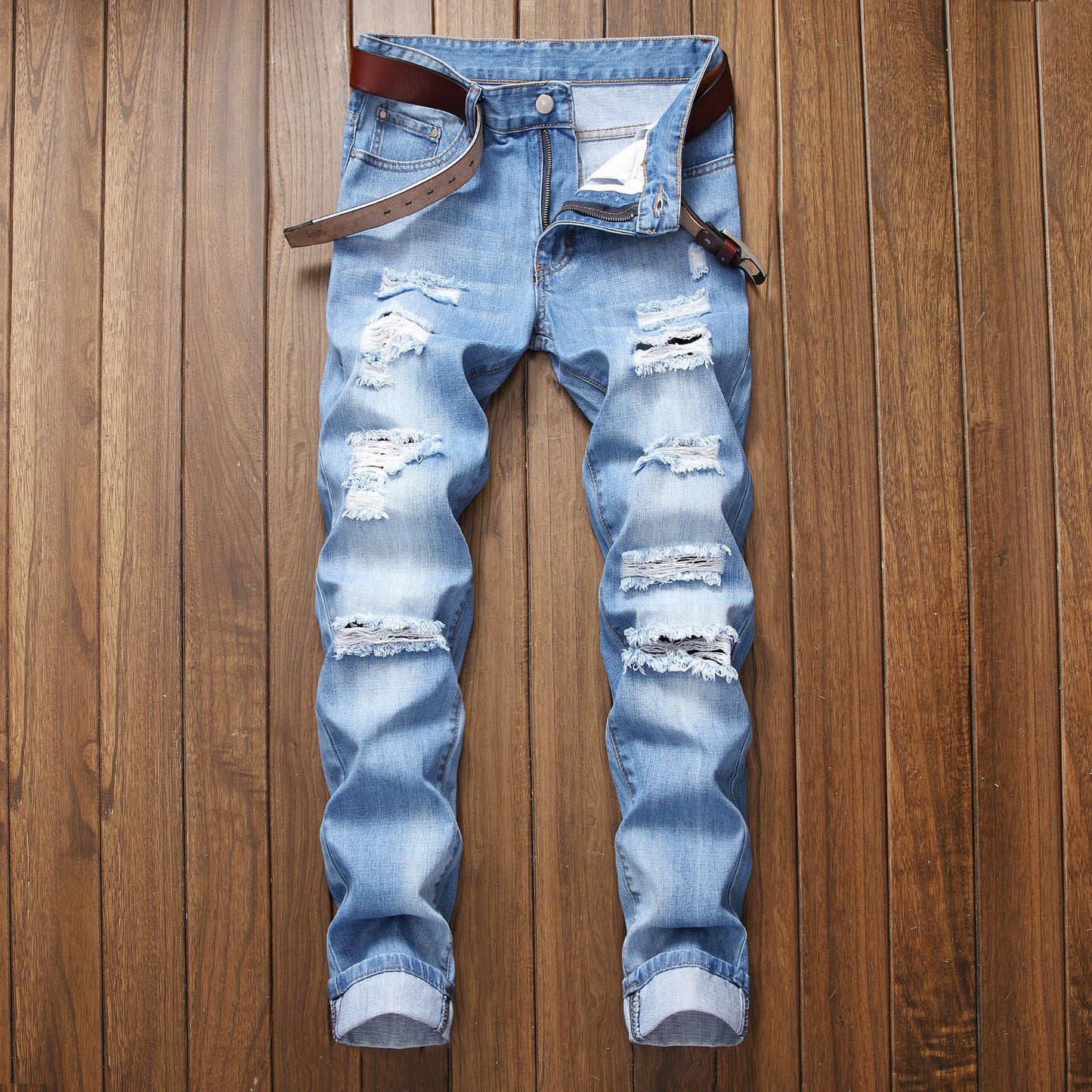 Ripped Straight Fit Stretch less Jeans Fashionable Blue Casual High Quality Denim Pants