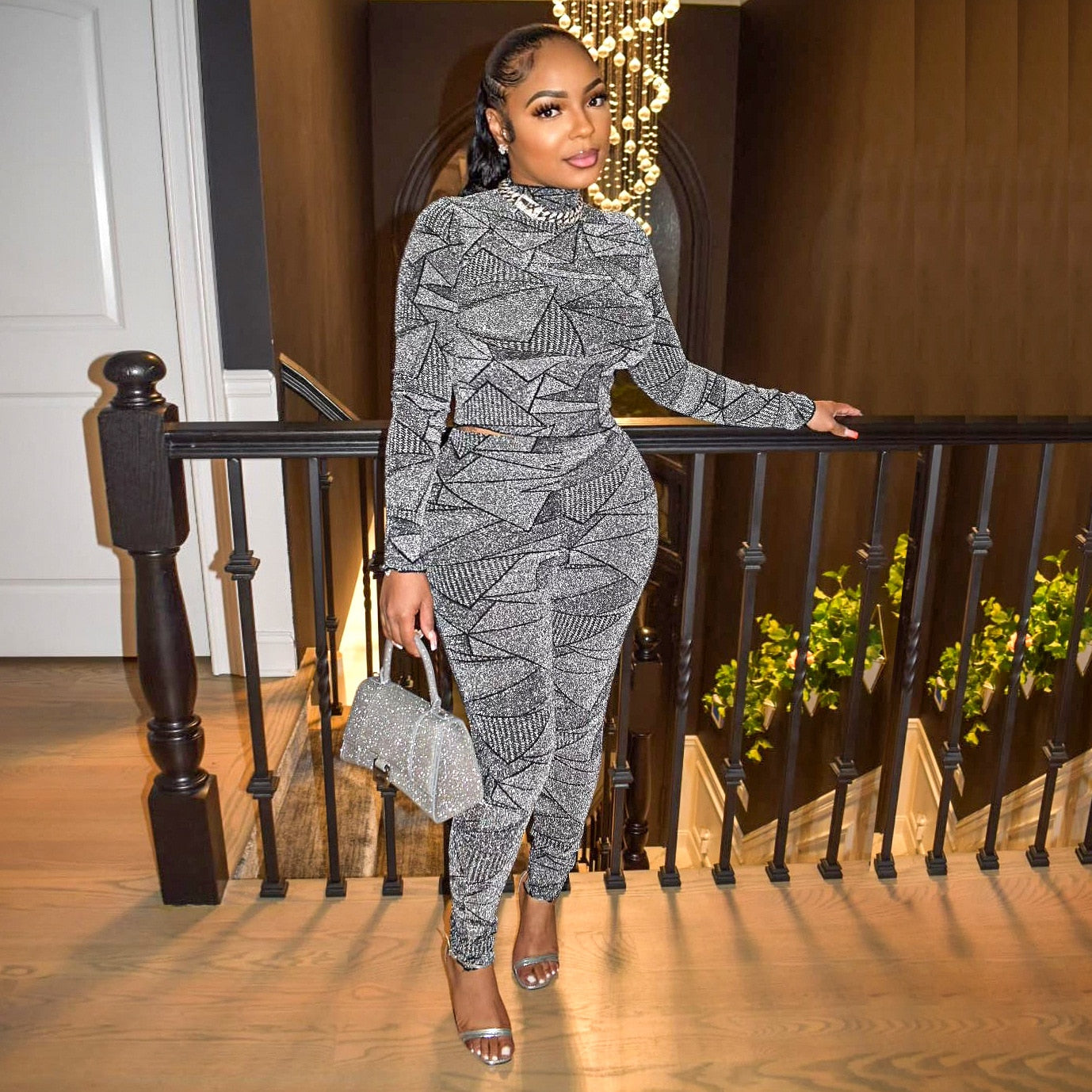 Sexy Glitter Solid Tracksuit Women Club Party 2 Piece Set