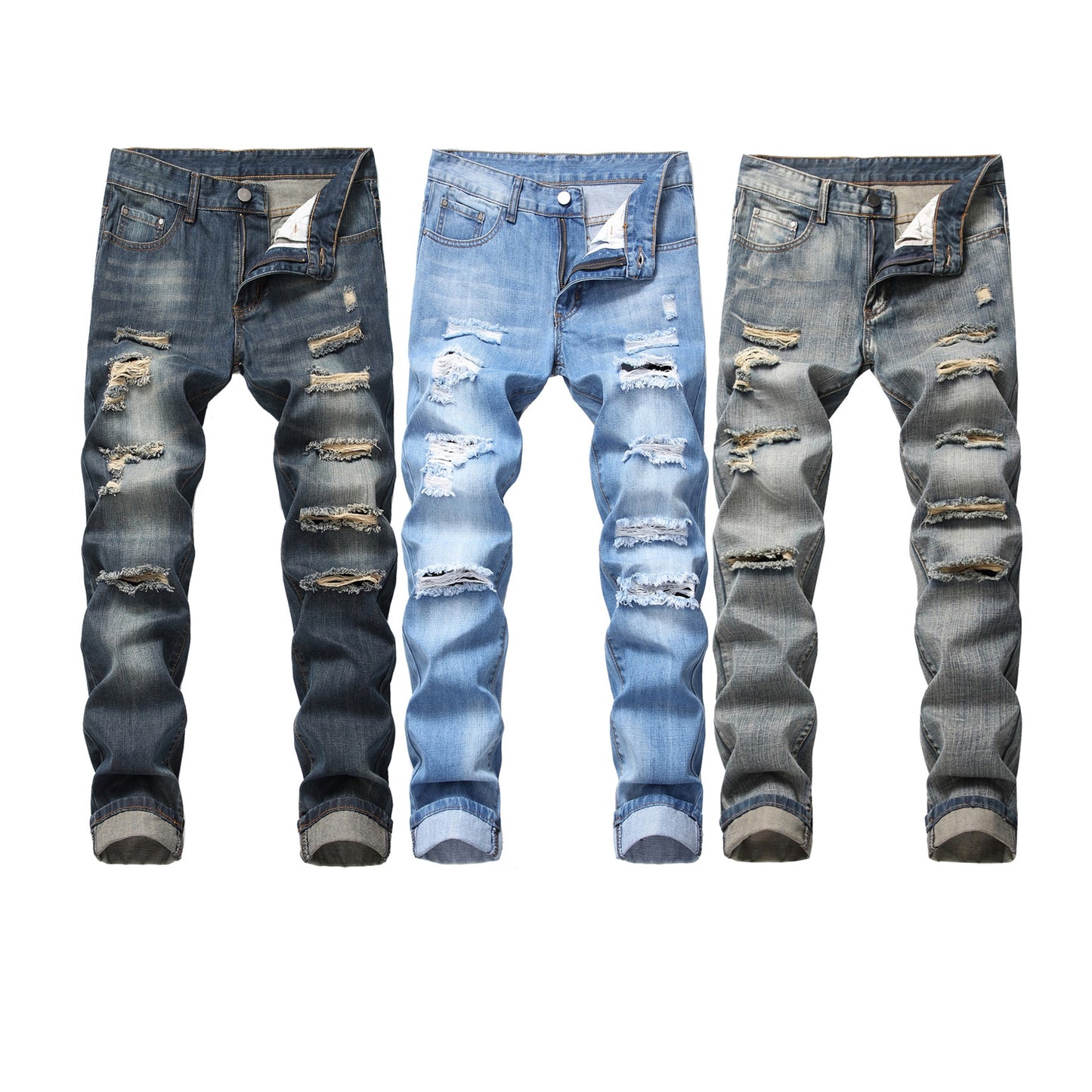 Ripped Straight Fit Stretch less Jeans Fashionable Blue Casual High Quality Denim Pants