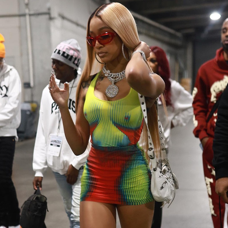 Multicolor 3D Print Two Piece Set Sexy Sling Club Outfits