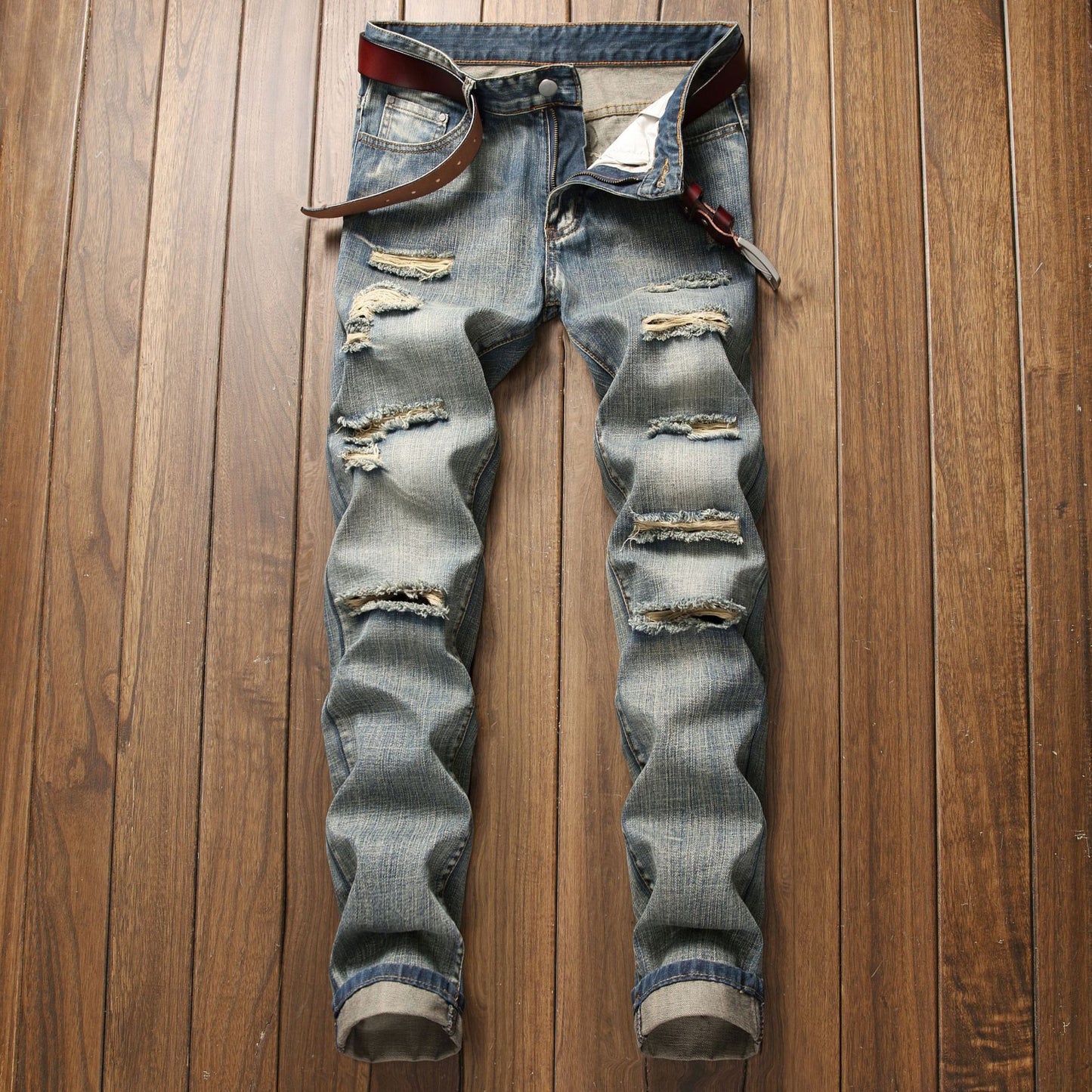 Ripped Straight Fit Stretch less Jeans Fashionable Blue Casual High Quality Denim Pants