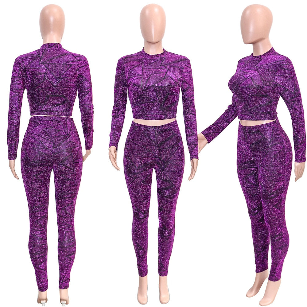 Sexy Glitter Solid Tracksuit Women Club Party 2 Piece Set