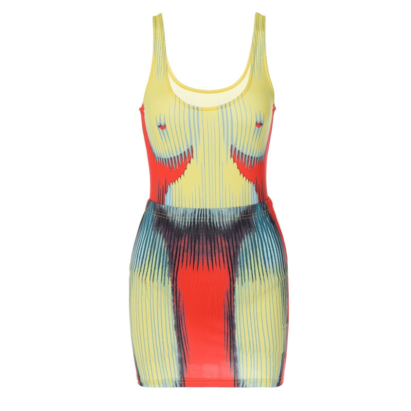 Multicolor 3D Print Two Piece Set Sexy Sling Club Outfits