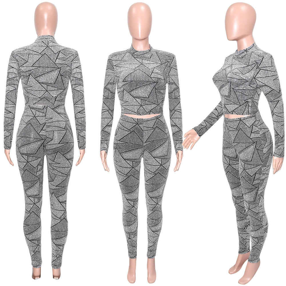 Sexy Glitter Solid Tracksuit Women Club Party 2 Piece Set