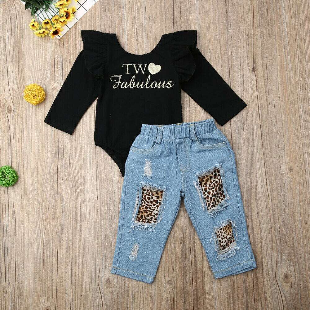 2 pcs Toddler Baby Girls Winter Clothes Ruffle Tops Romper Denim Pants Outfits