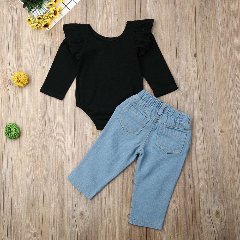 2 pcs Toddler Baby Girls Winter Clothes Ruffle Tops Romper Denim Pants Outfits