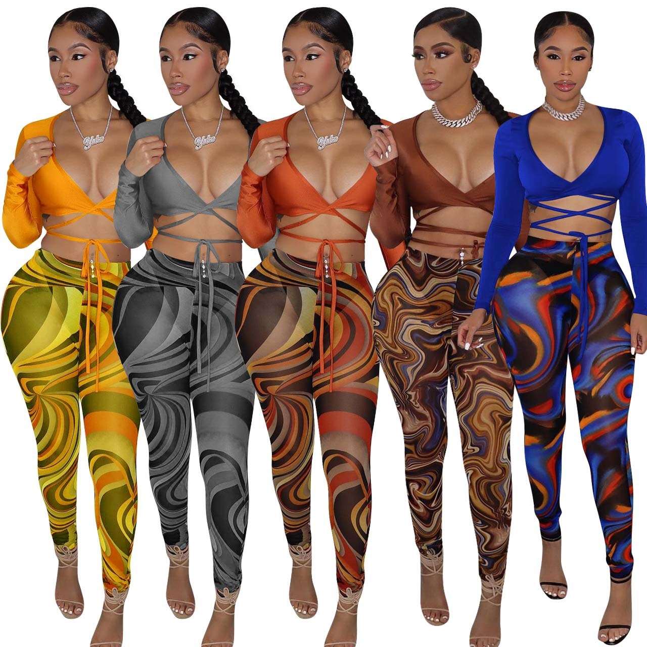 Bandage Two Piece Set Sexy V Neck Lace Up Crop Top + Print Sheer Mesh Pant Suits Club Party Tracksuit Women Festival Outfits y2k