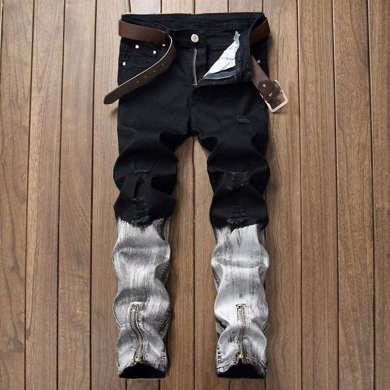 Broken Coated Ripped Jeans Men Cowboy Denim Black White Patchwork