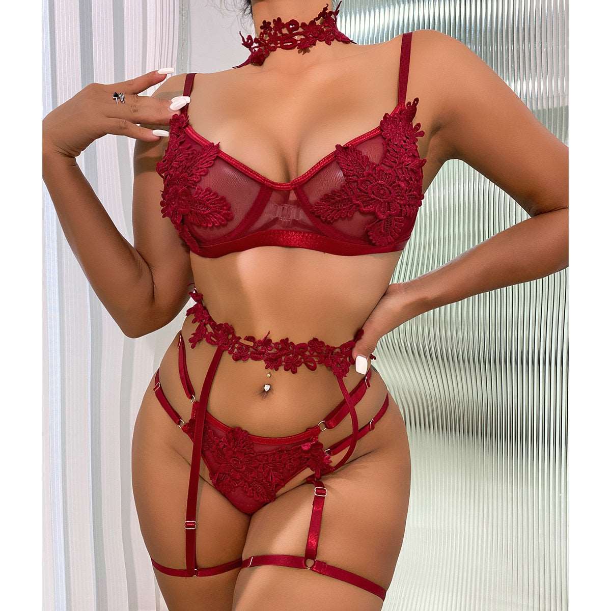 4-Piece Bra Briefs Lace Underwear Women Sexy Embroidered Flower Exotic Lingerie Set with Garter Erotic Outfits