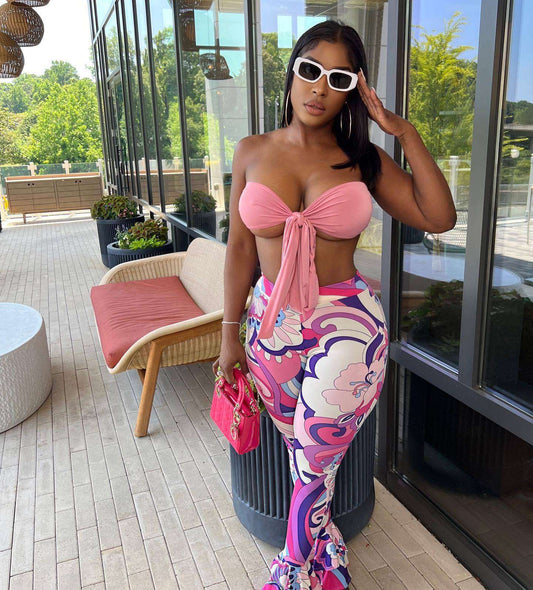 Bandage Two Piece Set Women Outfits Sexy Lace Up Tube Crop Top + Prints Flare Pants Skinny Club Sets