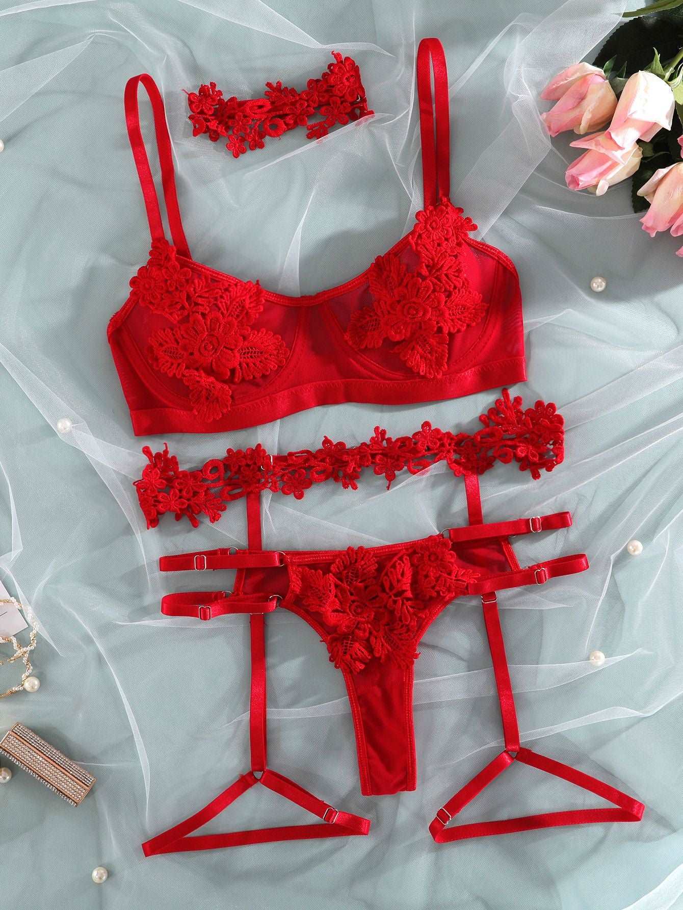 4-Piece Bra Briefs Lace Underwear Women Sexy Embroidered Flower Exotic Lingerie Set with Garter Erotic Outfits