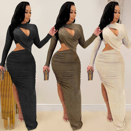 Elegant Glitter Solid Long Women Dress Sexy Cut Out O Neck Long Sleeve High Slit