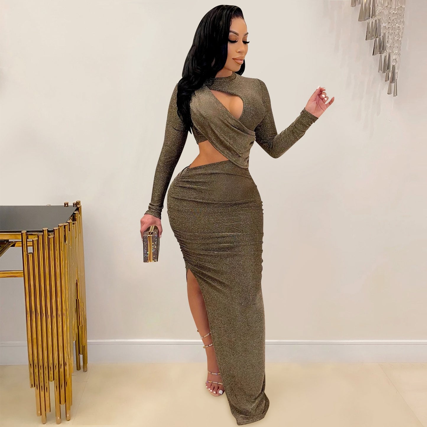 Elegant Glitter Solid Long Women Dress Sexy Cut Out O Neck Long Sleeve High Slit