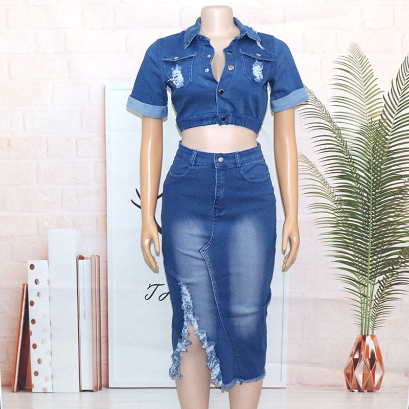 Women's  Denim Skirt 2 Piece Set  Denim Matching Set