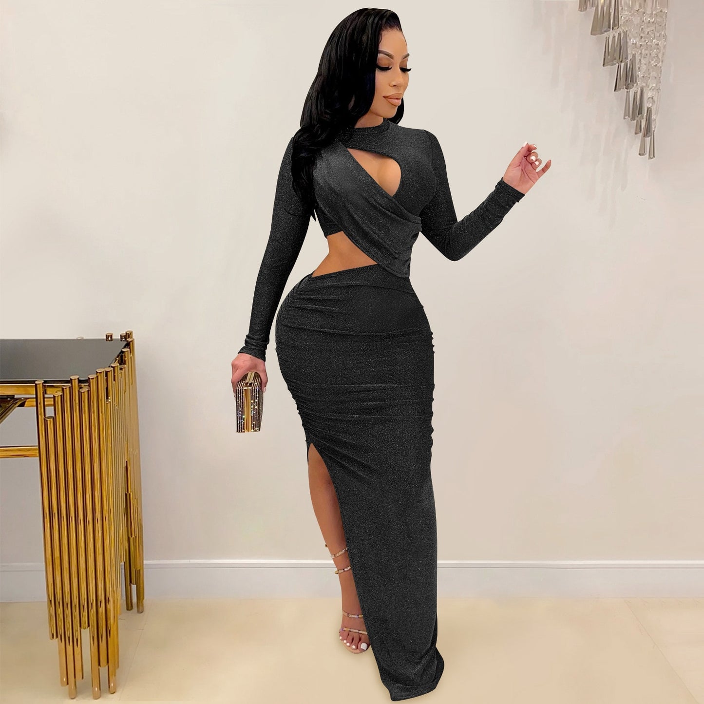 Elegant Glitter Solid Long Women Dress Sexy Cut Out O Neck Long Sleeve High Slit