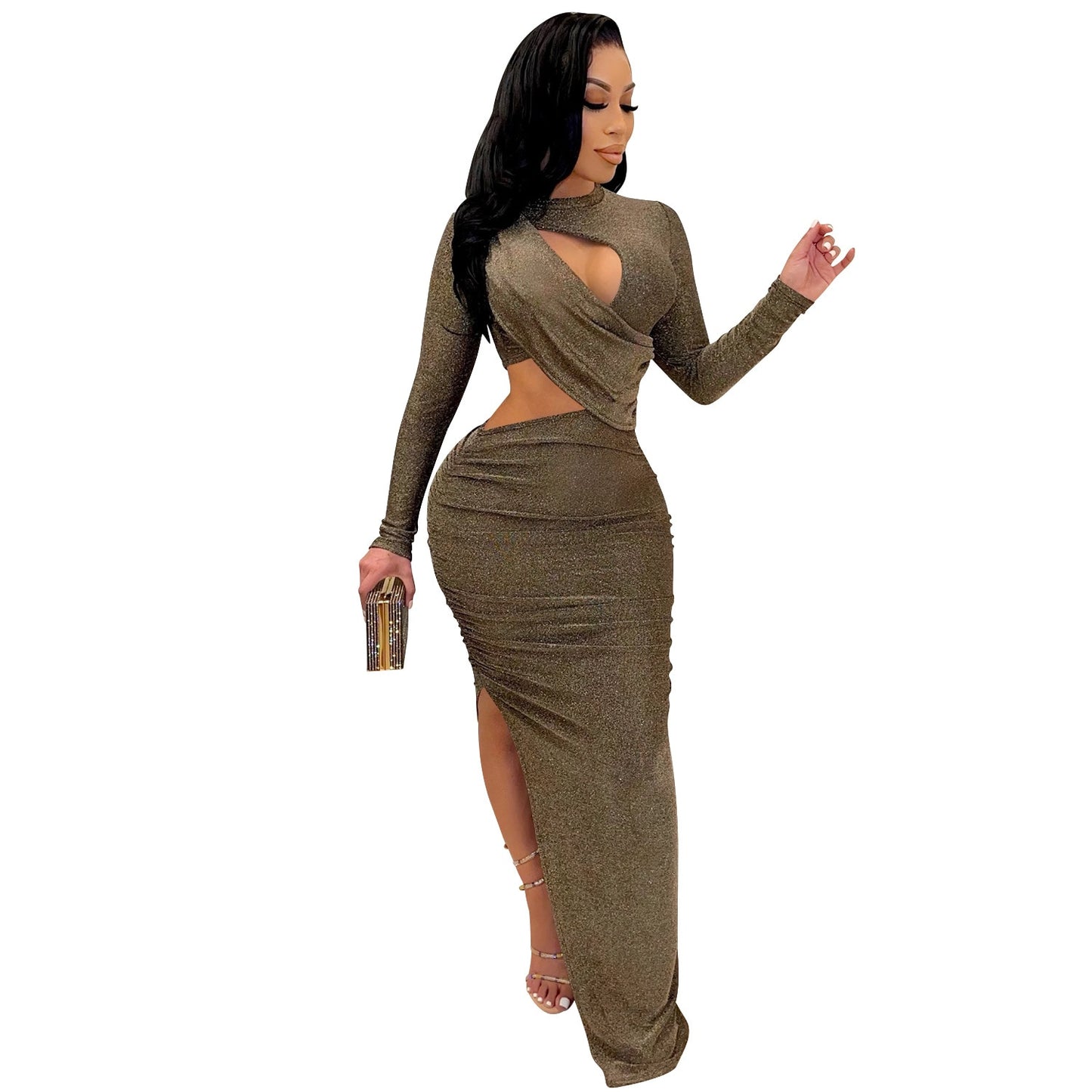 Elegant Glitter Solid Long Women Dress Sexy Cut Out O Neck Long Sleeve High Slit