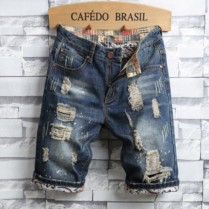 Casual Hole Patch Jean Shorts Male Brand Clothes