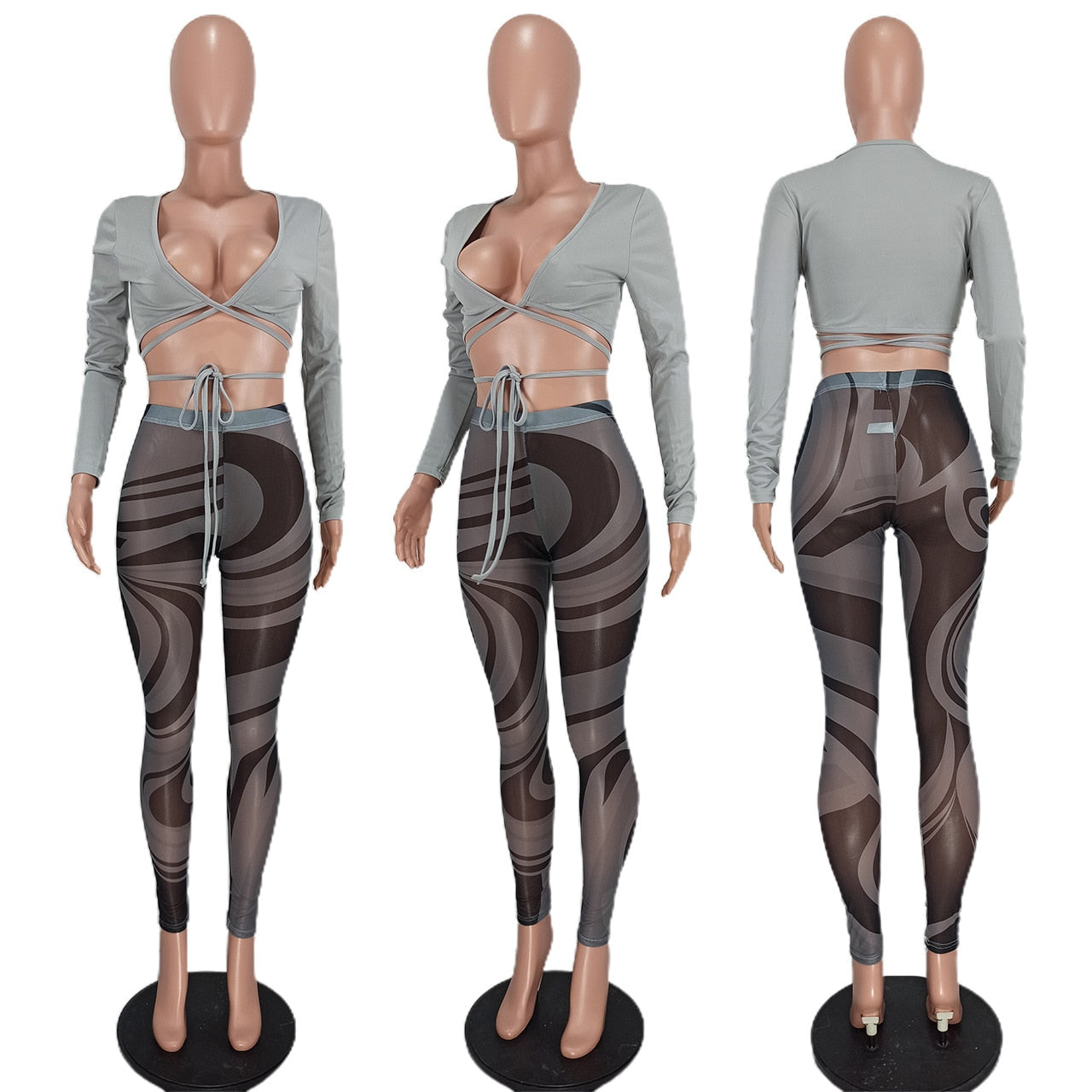 Bandage Two Piece Set Sexy V Neck Lace Up Crop Top + Print Sheer Mesh Pant Suits Club Party Tracksuit Women Festival Outfits y2k