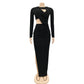 Elegant Glitter Solid Long Women Dress Sexy Cut Out O Neck Long Sleeve High Slit