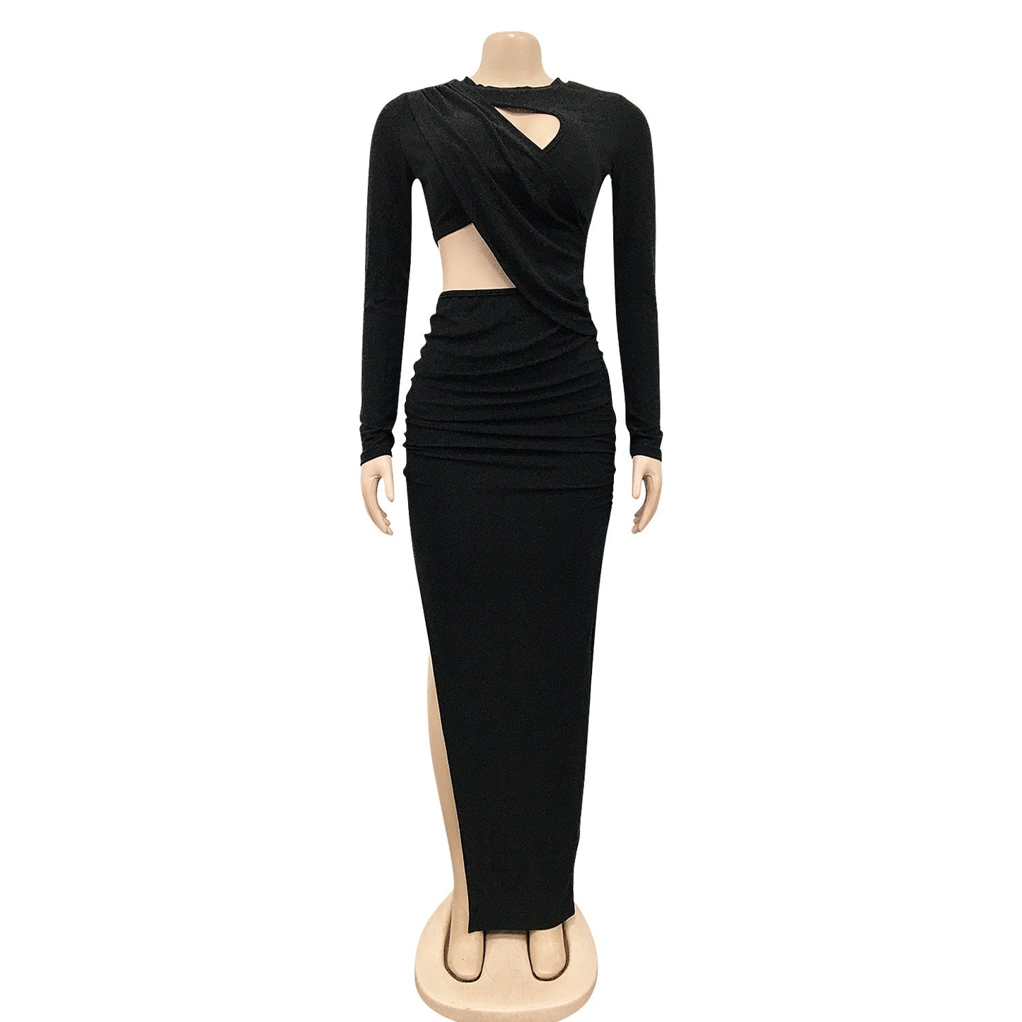 Elegant Glitter Solid Long Women Dress Sexy Cut Out O Neck Long Sleeve High Slit