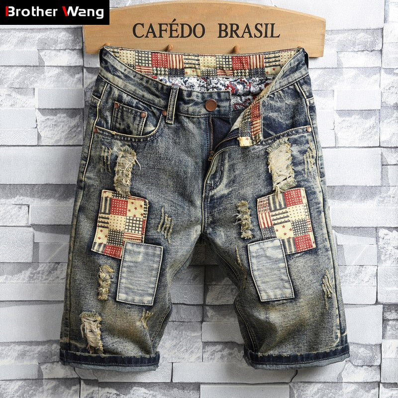 Casual Hole Patch Jean Shorts Male Brand Clothes