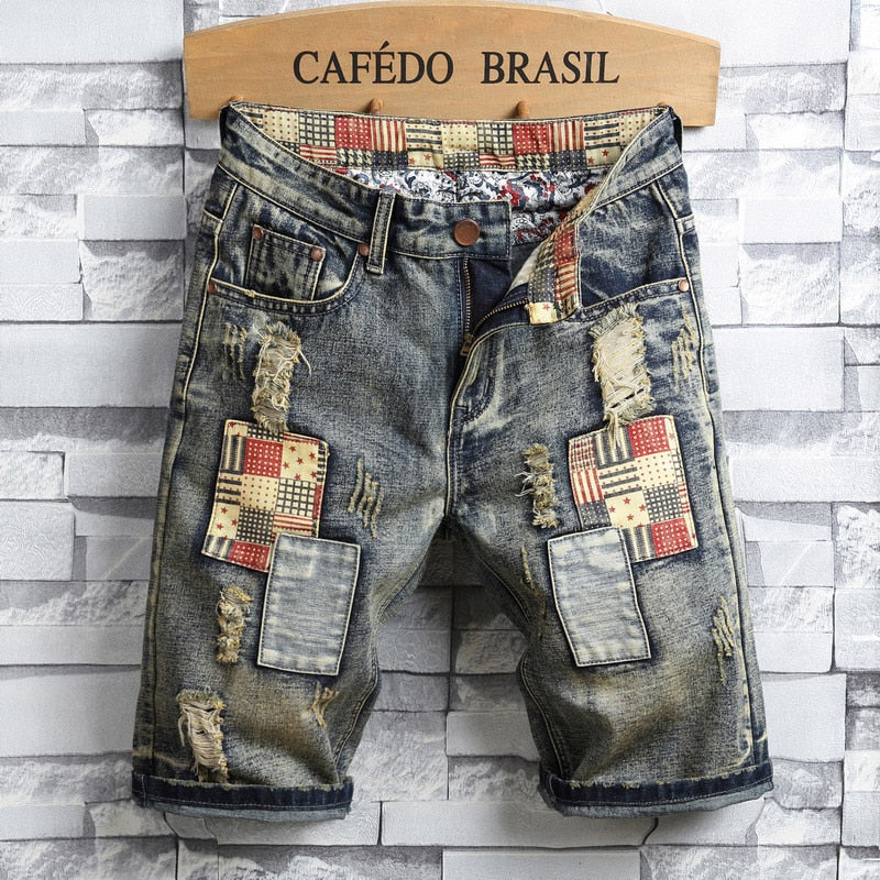 Casual Hole Patch Jean Shorts Male Brand Clothes