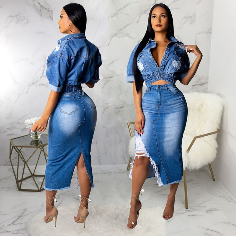 Women's  Denim Skirt 2 Piece Set  Denim Matching Set