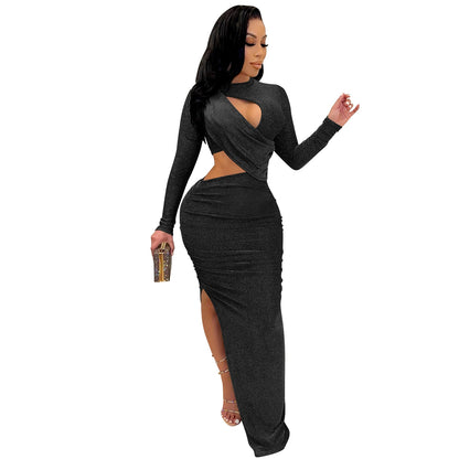 Elegant Glitter Solid Long Women Dress Sexy Cut Out O Neck Long Sleeve High Slit