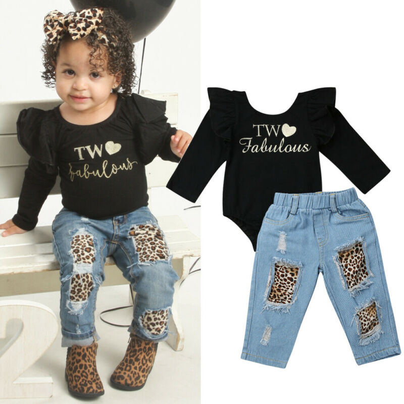 2 pcs Toddler Kids Baby Girls Winter Clothes Ruffle Tops Romper Denim Pants Outfits TWO fabulous letter girls outfits fashion