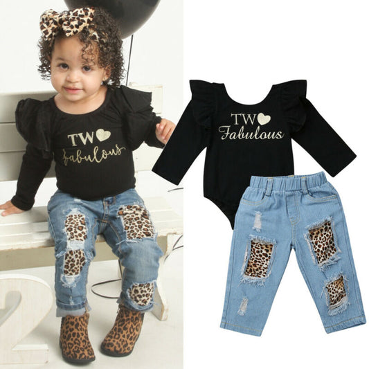 2 pcs Toddler Kids Baby Girls Winter Clothes Ruffle Tops Romper Denim Pants Outfits TWO fabulous letter girls outfits fashion
