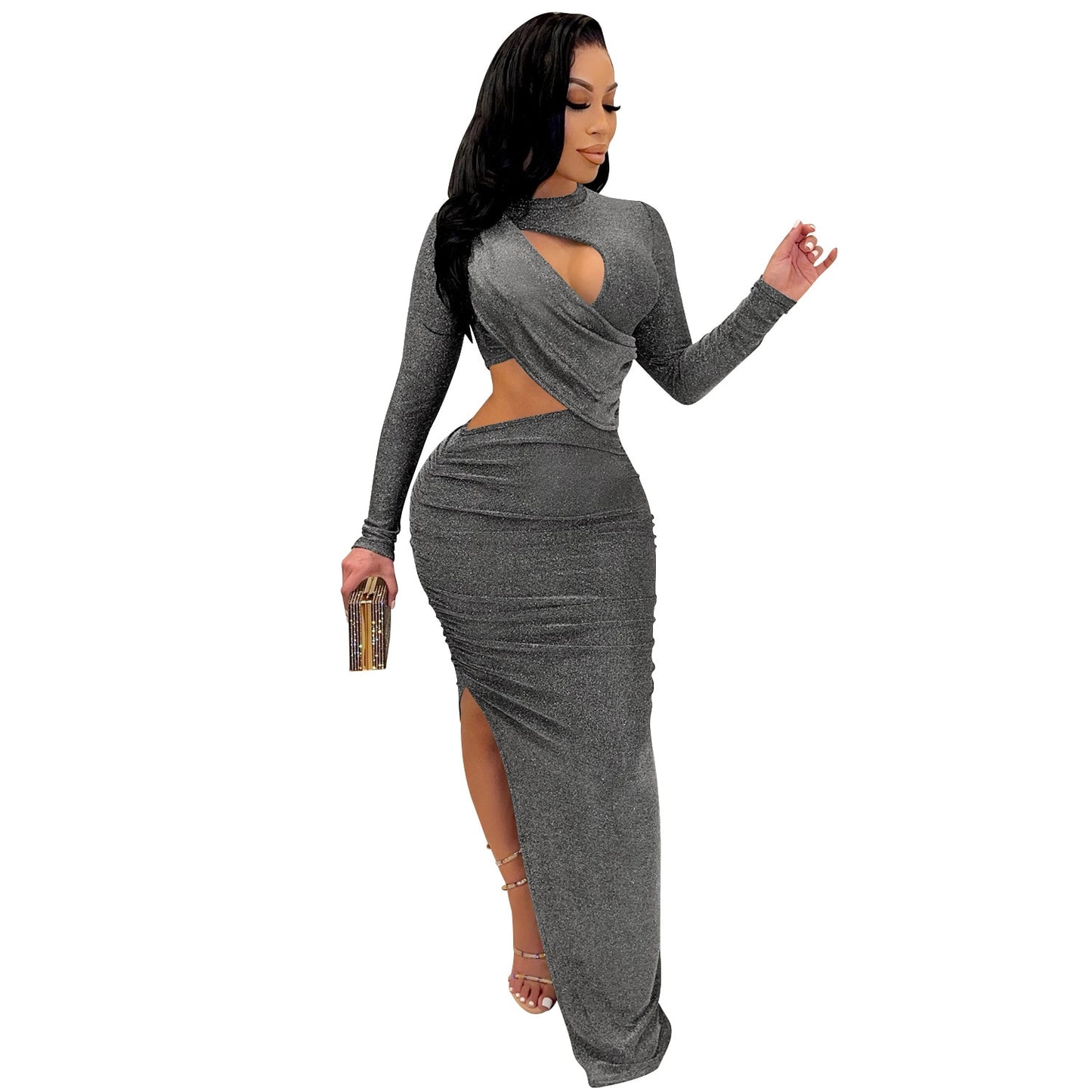 Elegant Glitter Solid Long Women Dress Sexy Cut Out O Neck Long Sleeve High Slit