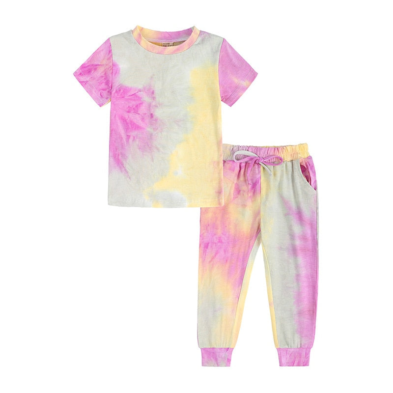 Tie Dye Pajamas Sets Long Sleeve T-shirt+Pants Trousers Girls  Baby Boys Autumn