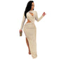 Elegant Glitter Solid Long Women Dress Sexy Cut Out O Neck Long Sleeve High Slit