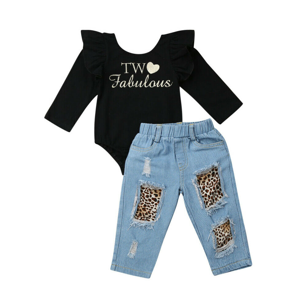 Bagilaanoe Kids Baby Girl Winter Warm Outfit Clothes Ruffle Tops Shirt  Denim Pants 2Pcs Set