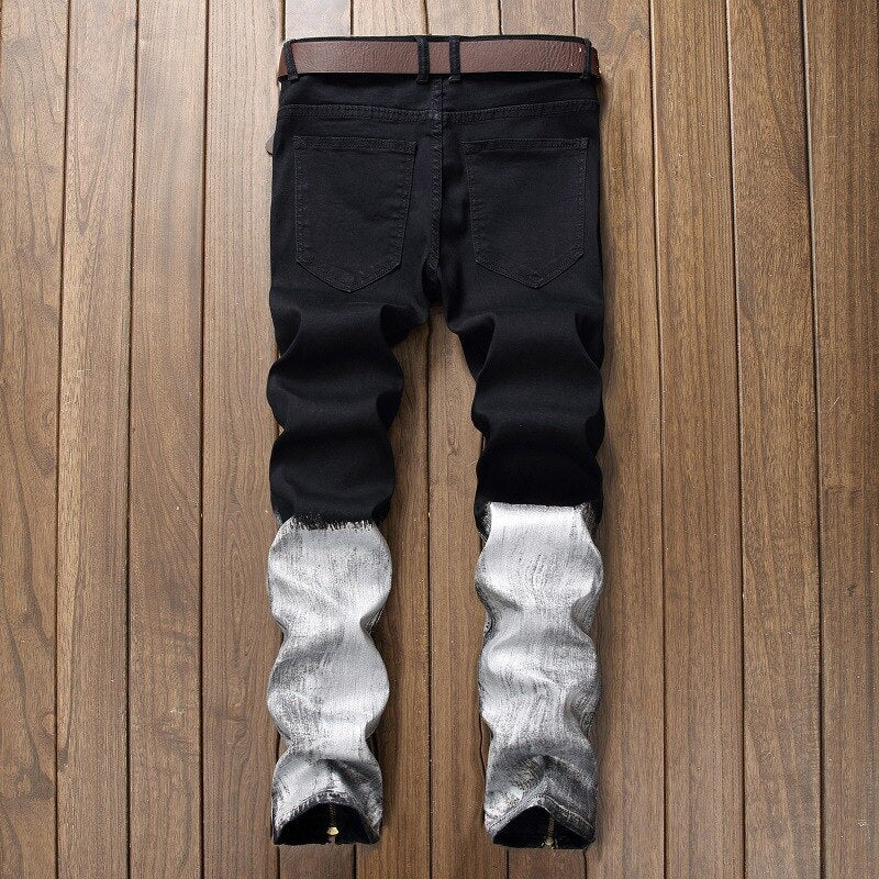 Broken Coated Ripped Jeans Men Cowboy Denim Black White Patchwork