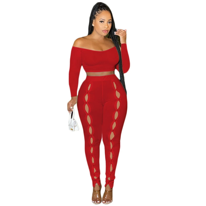 Sexy Hollow Out Button Tracksuit Women Casual Off the Shoulder Long Sleeve Crop Top + Pants Skinny Club 2 Piece Set Outfits Fall