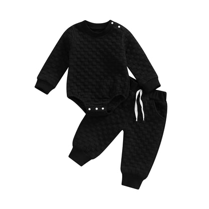 Infant Baby Unisex Casual Suit, Solid Color Long Sleeve Romper Tops+Drawstring Long Pants 2Pcs Set