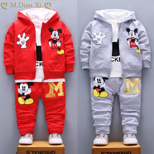 Cute Mickey Cotton Hooded Coat + T-shirt + Pants 3PCS Set Casual Kids