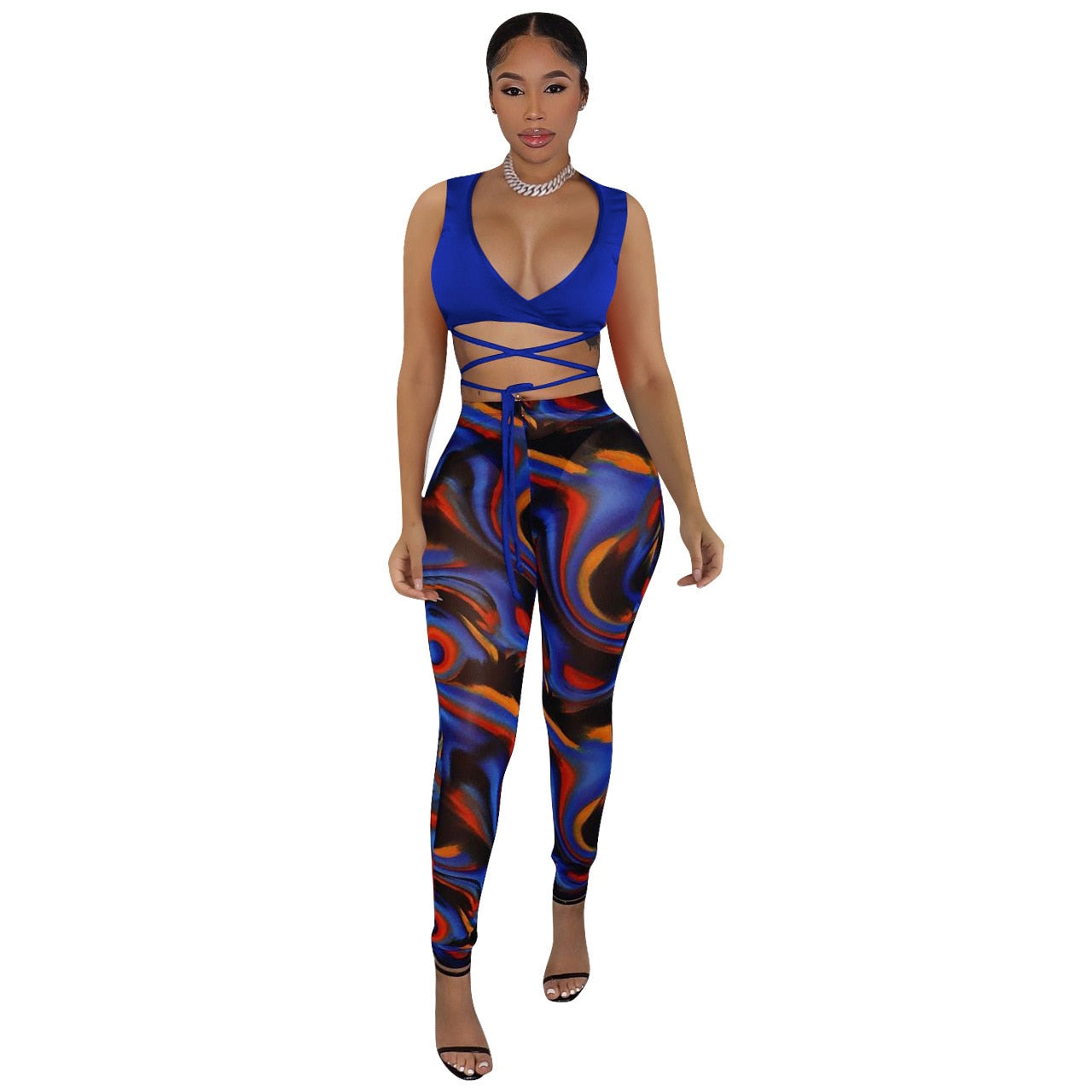 Bandage Two Piece Set Sexy V Neck Lace Up Crop Top + Print Sheer Mesh Pant Suits Club Party Tracksuit Women Festival Outfits y2k