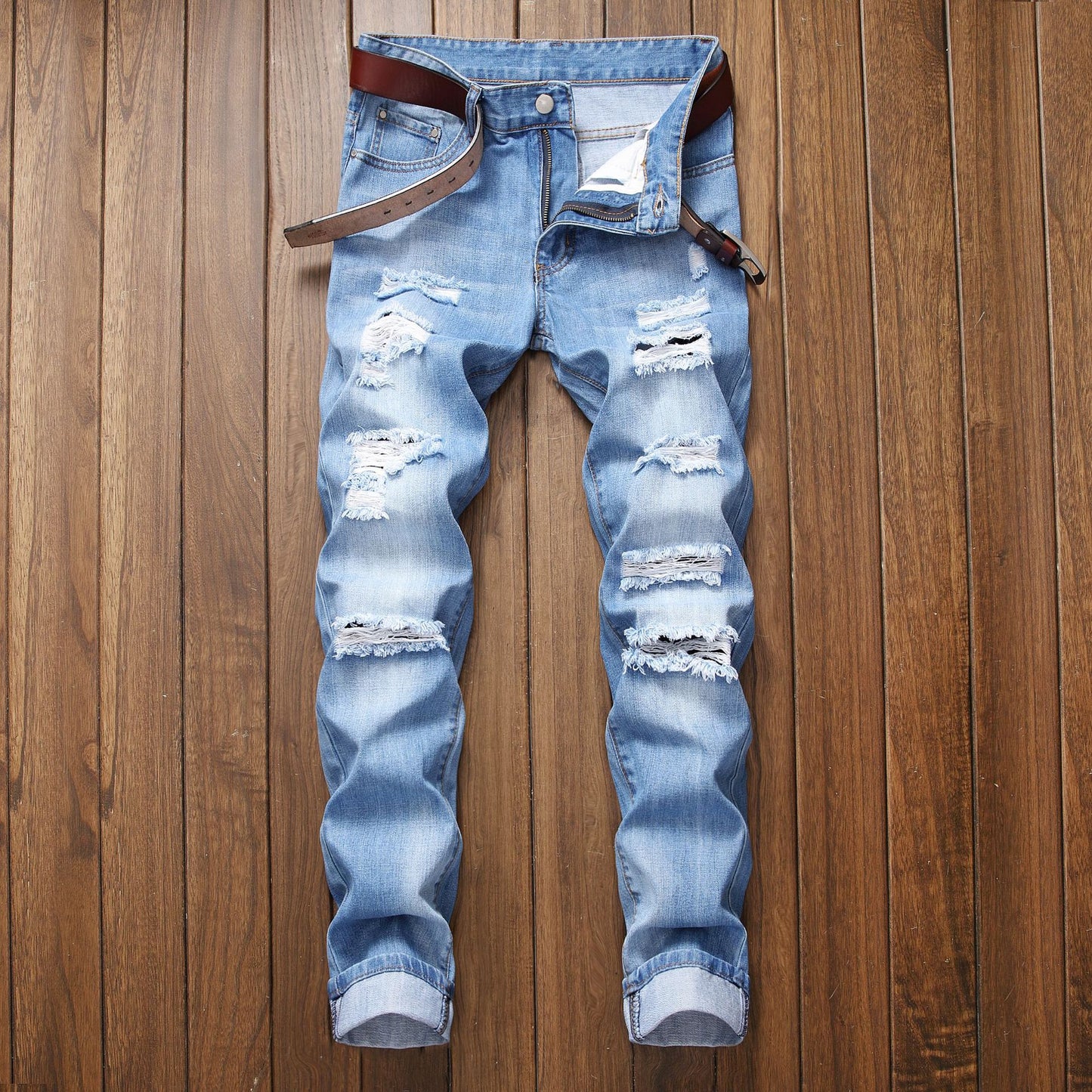 Ripped Straight Fit Stretch less Jeans Fashionable Blue Casual  High Quality Denim Pants