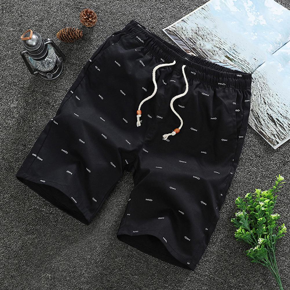 Rise Fish Bone Print Men Shorts Loose Drawstring Pockets Short Pants Bottoms