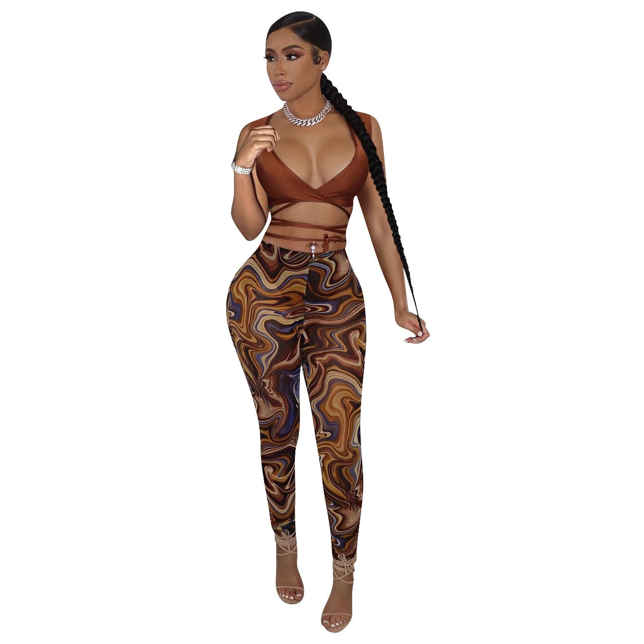 Bandage Two Piece Set Sexy V Neck Lace Up Crop Top + Print Sheer Mesh Pant Suits Club Party Tracksuit Women Festival Outfits y2k