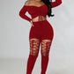 Off the Shoulder 2 Piece Set Women Sexy Long Sleeve Laced Up Crop Top Cut Out Lace Up Pants