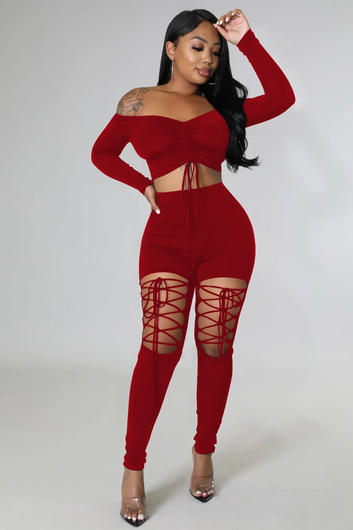 Off the Shoulder 2 Piece Set Women Sexy Long Sleeve Laced Up Crop Top Cut Out Lace Up Pants