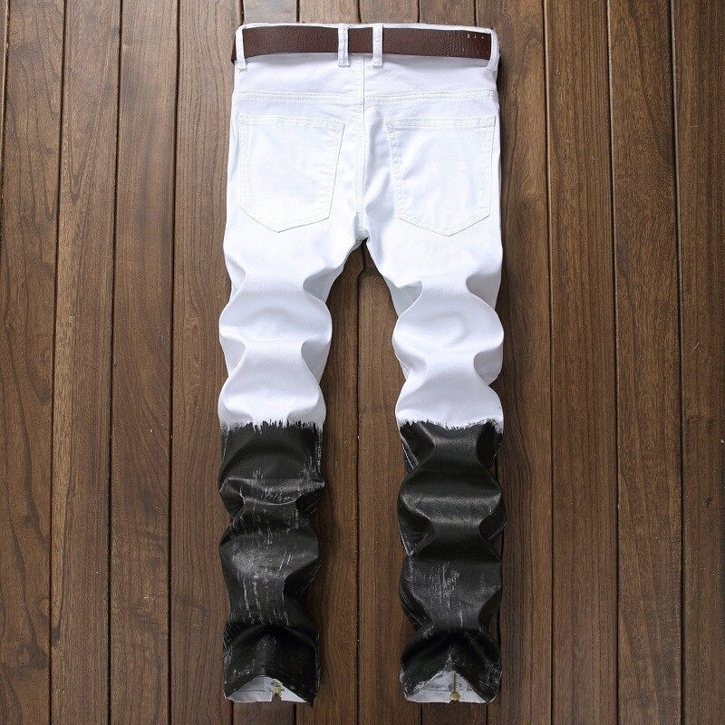 Broken Coated Ripped Jeans Men Cowboy Denim Black White Patchwork